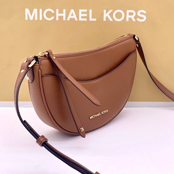 Michael Kors Dover Small Half Moon Crossbody Bag Purse Luggage - Picture 4 of 14